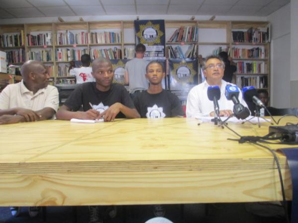 Michael Hamca (TAC), Axolile Notywala (SJC), Thando Dyamara (EE) and Zackie Achmat address the media. Photos Mary-Anne Gontsana