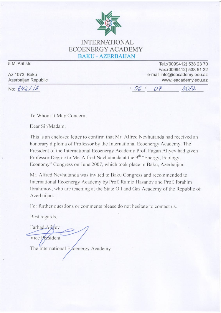 Letter appointing Nevhutanda as a professor