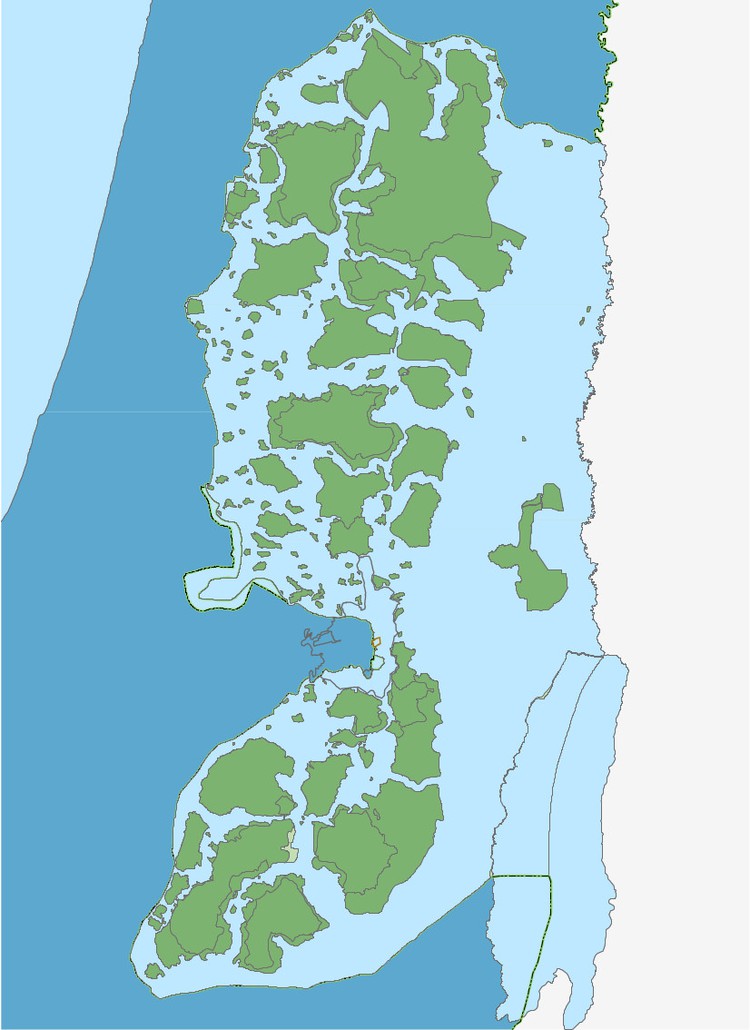 Map of the West Bank, the Israeli occupied Palestinian territory. Palestinian areas are green. Blue areas are Israeli-controlled. Image supplied