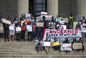 Photo of people protesting outside Wits University's Great Hall