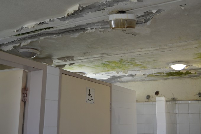 Photo of dilapidated roof in residence bathroom.