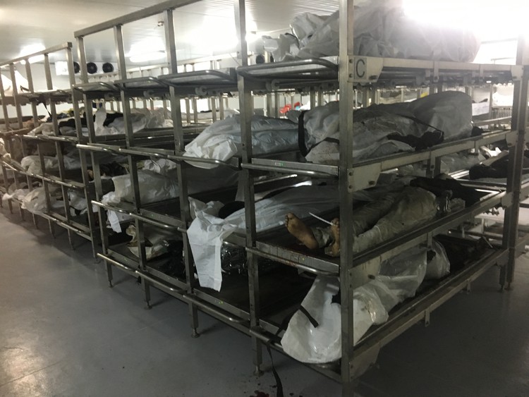 Photo of covered corpses in mortuary
