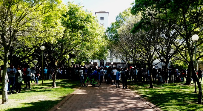 Photo of students gathering under trees