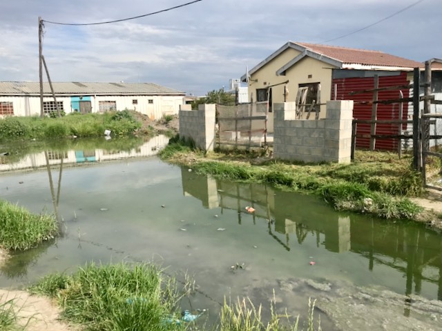 Photo of a dam of sewage water in front of residences