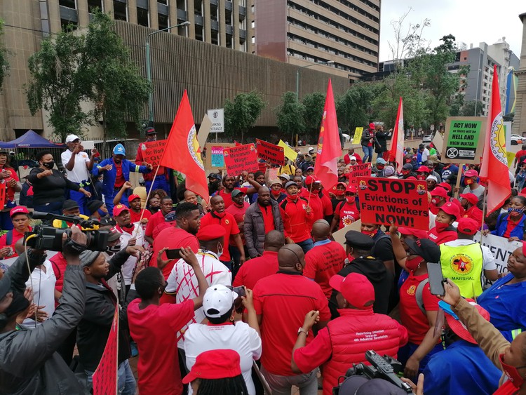 SAFTU members protest next to the Gauteng Legislature in Central Johannesburg as part of the nationwide strike by unions on Wednesday. Photo: Zoë Postman