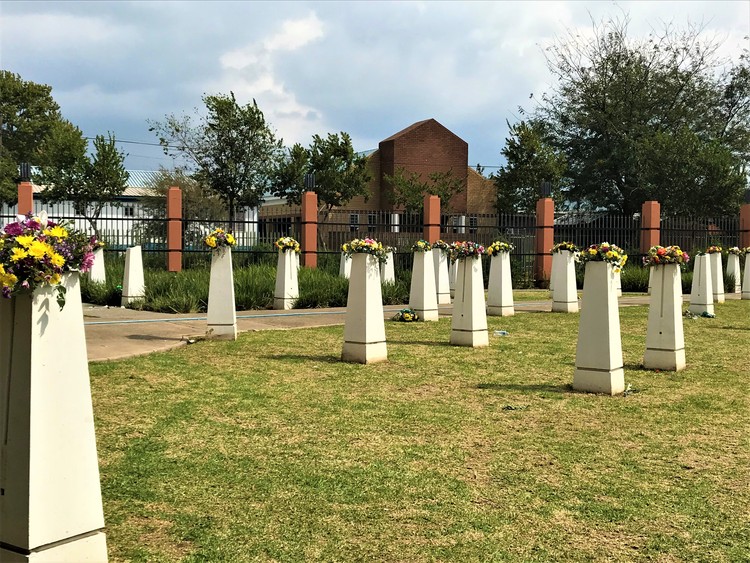 White pillars in the Garden of Remembrance, next to the Sharpeville Exhibition Centre, commemorate the area where many of the bodies of 69 were shot by apartheid police on 21 March 1960 were found.