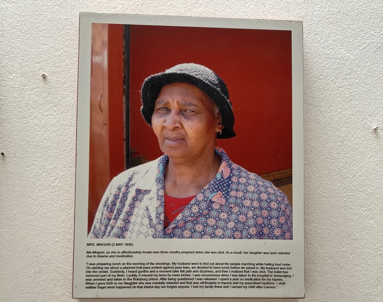 The museum at the Centre includes portraits of residents who had survived the Sharpville Massacre. Mrs Mnguni was one of the few remaining survivors. She passed away earlier this year.